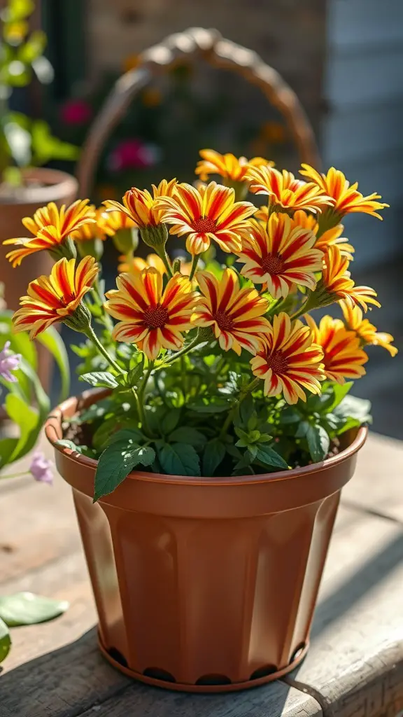 19 Stunning Container Plants for Full Sun Gardens 5 A vibrant display of Stripey Calibrachoa flowers in a terracotta pot, showcasing red and yellow striped petals.