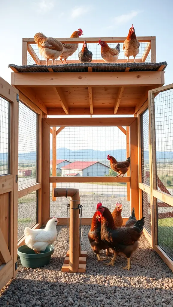 17 Creative Walk-In Chicken Coop Ideas You'll Love 4 Stylish chicken coop with a roof deck, featuring chickens on top and inside the coop.