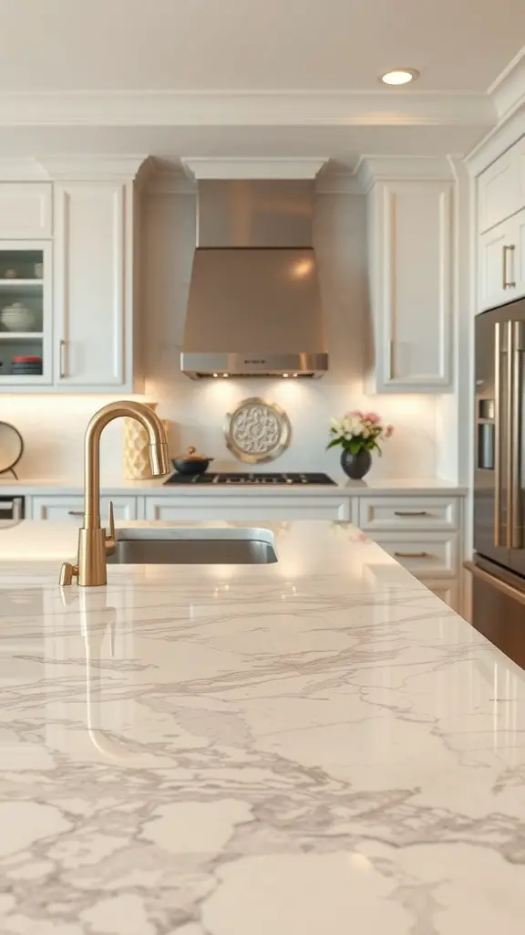 29 Stunning Kitchen Makeover Ideas for a Fresh Look 6 Elegant kitchen with stylish countertops featuring soft veining and a gold faucet.