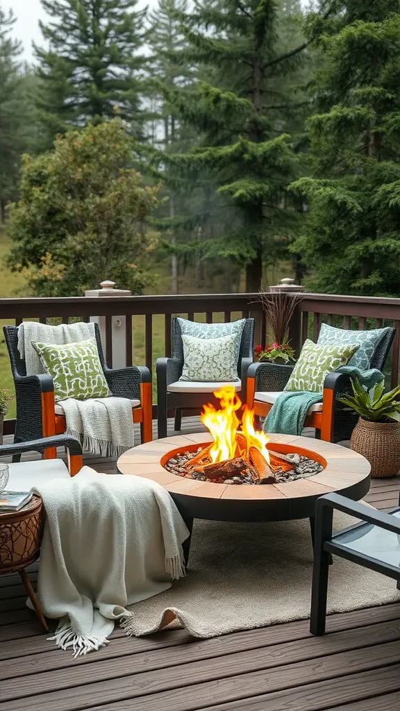 29 Stylish Deck Decorating Ideas You Need to Try 15 Cozy outdoor seating area with a fire pit surrounded by greenery