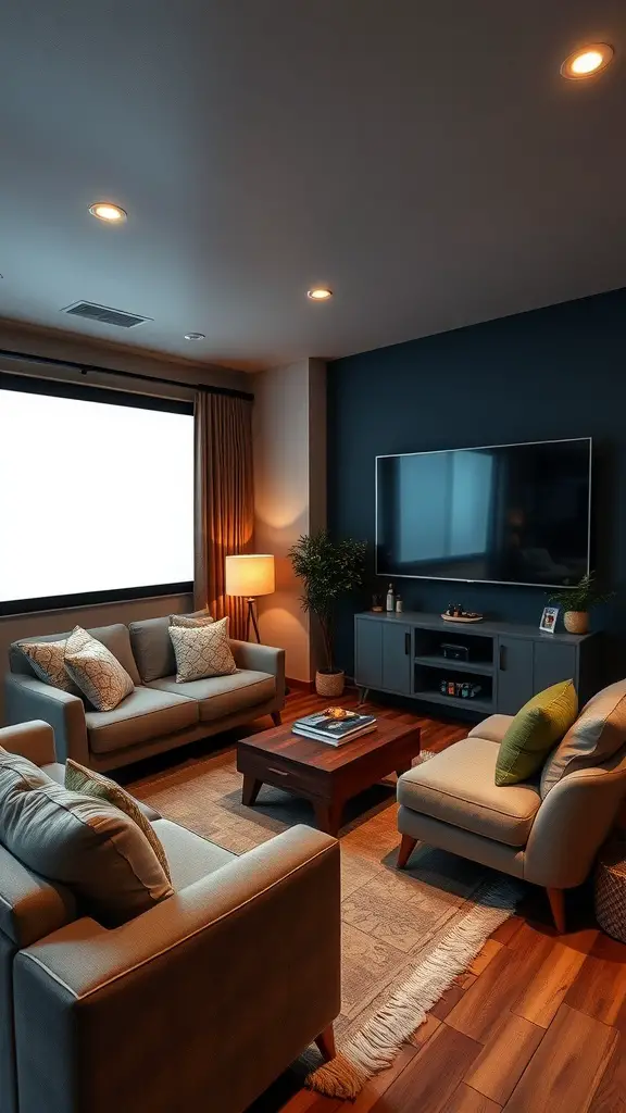 17 Inspiring Mobile Home Living Room Ideas to Transform Your Space 13 A stylish mobile home living room with a modern theater setup, featuring cozy couches, a television, and warm lighting.