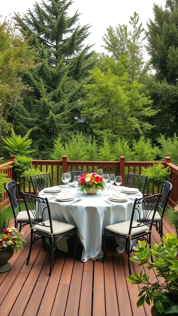 15 Inspiring Outdoor Deck Decorating Ideas to Transform Your Space 7 A round outdoor dining table with a white tablecloth, set for a meal, surrounded by green trees and plants.