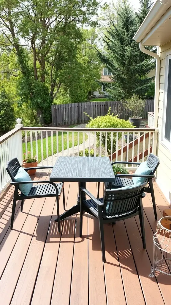 19 Charming Back Deck Decorating Ideas for a Cozy Outdoor Space 4 A stylish outdoor furniture setup on a back deck, featuring a black table and chairs with cushions.