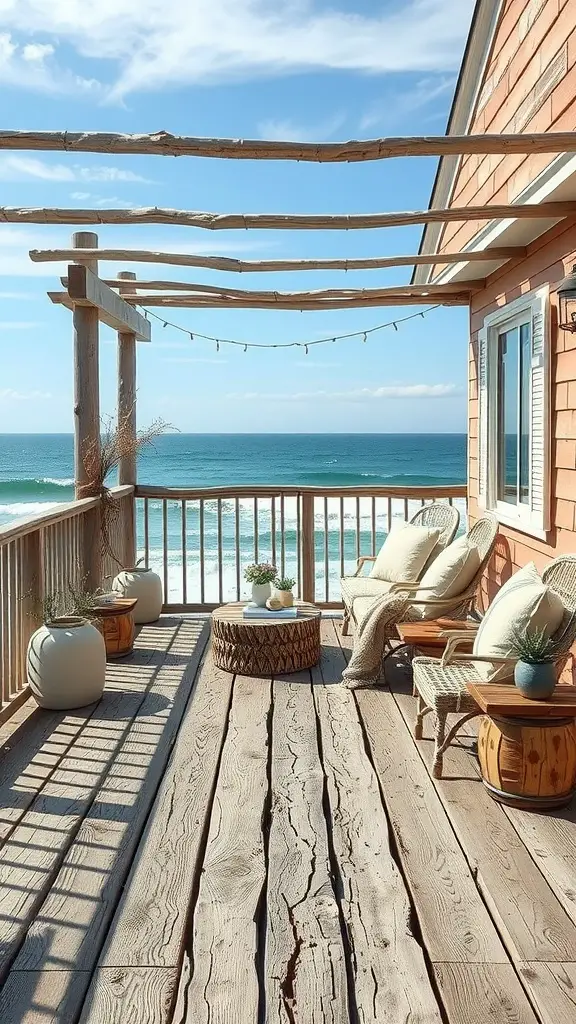 15 Stunning Deck Stain Colors to Transform Your Outdoor Space 11 A serene beachside deck with weathered wood planks and comfortable seating, overlooking the ocean.