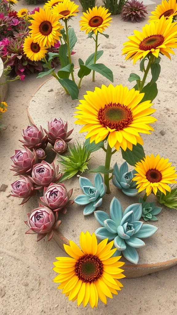 19 Stunning Flower Bed Ideas for Full Sun Gardens 10 A vibrant flower bed featuring bright yellow sunflowers mixed with lush succulents.