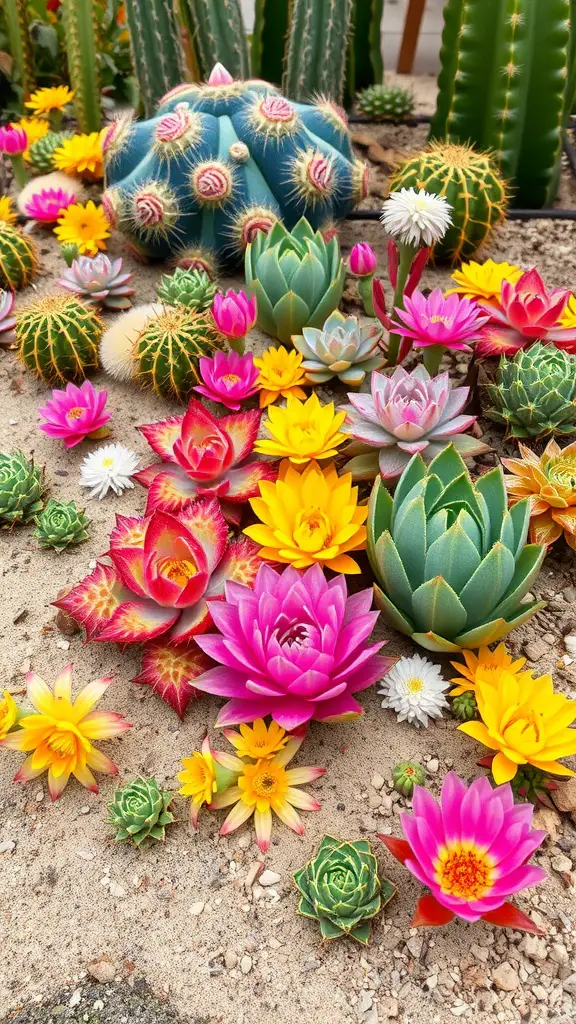 21 Beautiful Small Flower Bed Ideas for a Stunning Garden 6 A vibrant arrangement of succulents and cacti in various colors and sizes, showcasing a drought-resistant flower bed.