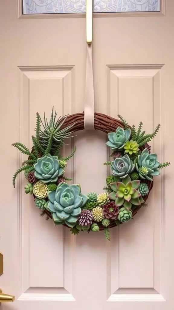 15 Beautiful DIY Spring Wreaths for Your Front Door 10 A succulent and cactus wreath hung on a light-colored door, featuring various succulent plants in shades of green and purple.