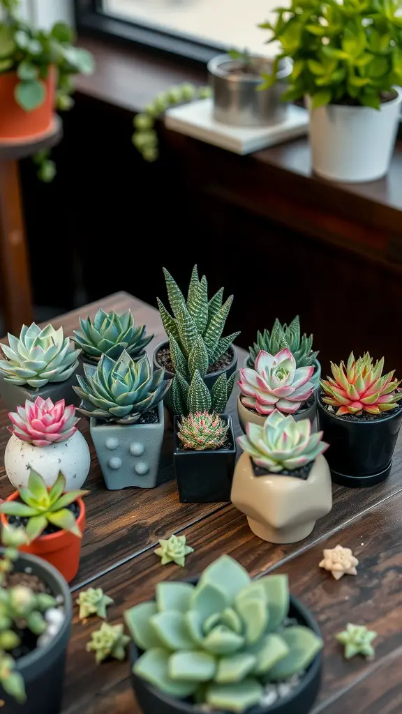25 Creative Gardening Ideas to Transform Your Outdoor Space 13 An assortment of vibrant succulents in decorative pots on a wooden table.