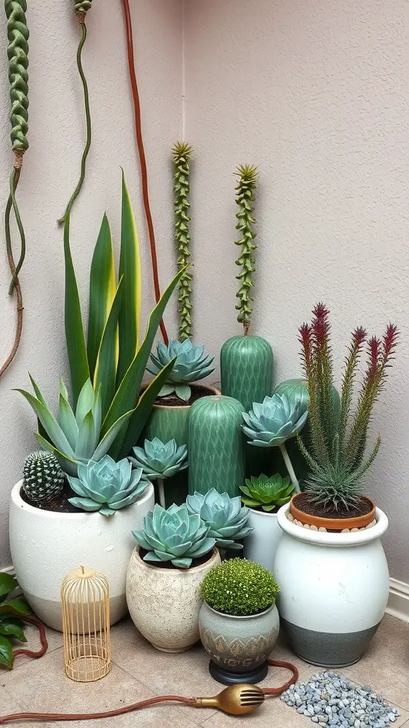 23 Creative Corner Garden Ideas for Your Backyard 13 A corner garden display featuring various succulent plants in decorative pots.