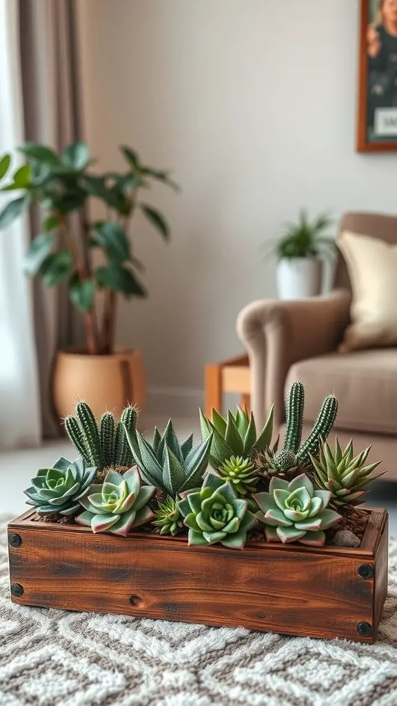 Succulent garden in a wooden box with various types of succulents, placed in a living room corner, with a cozy chair and a tall plant in the background.