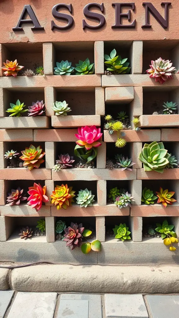 21 Creative Cinder Block Garden Ideas for Your Outdoor Space 7 Succulent wall art made with cinder blocks, featuring various colorful succulents in an arranged structure.