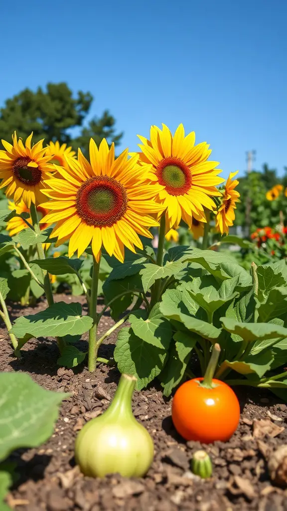 19 Stunning Flower Bed Ideas for Full Sun Gardens 17 A garden bed featuring sunflowers alongside vegetables like onions and tomatoes on a sunny day.