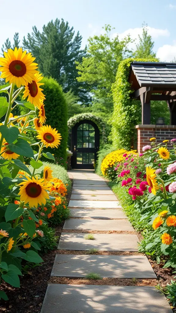 19 Stunning Flower Bed Ideas for Full Sun Gardens 16 A garden pathway lined with bright sunflowers and colorful flowers leading to an archway.