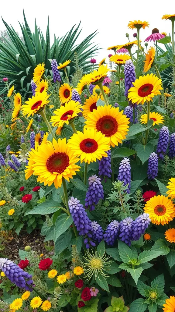 19 Stunning Flower Bed Ideas for Full Sun Gardens 14 A mixed flower bed featuring sunflowers, purple lupines, and various colorful flowers.