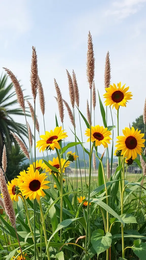 19 Stunning Flower Bed Ideas for Full Sun Gardens 5 A mix of sunflowers and ornamental grasses in a sunny garden setting.