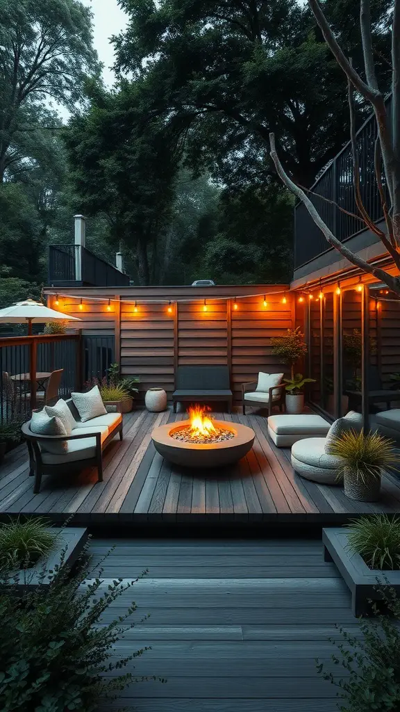 21 Unique Deck Layout Ideas You’ll Love 2 A cozy sunken deck with a fire pit and comfortable seating surrounded by plants