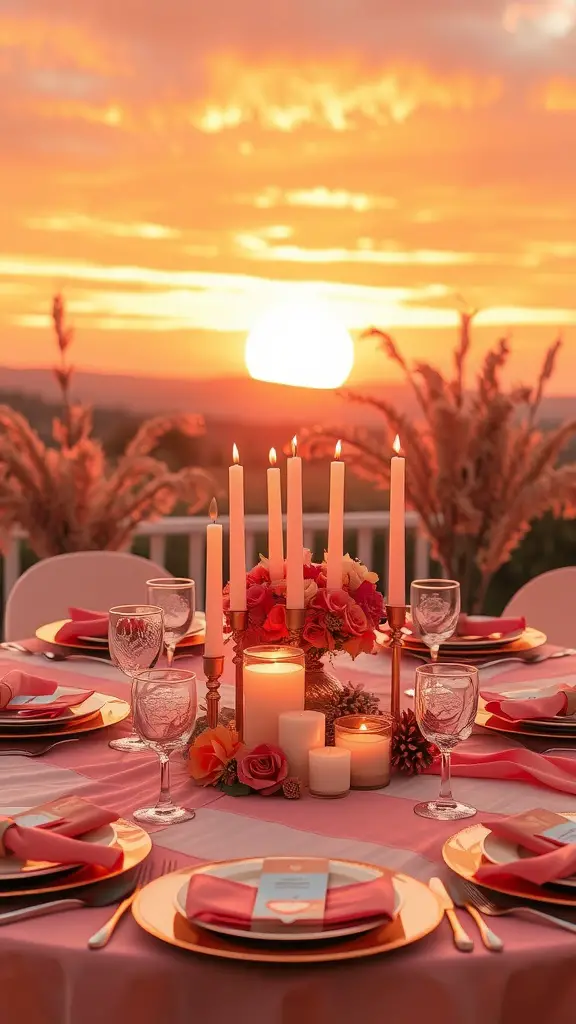 19 Stunning Summer Tablescape Ideas to Elevate Your Outdoor Dining 7 A beautifully set table with a sunset color palette, featuring candles, roses, and elegant dinnerware.