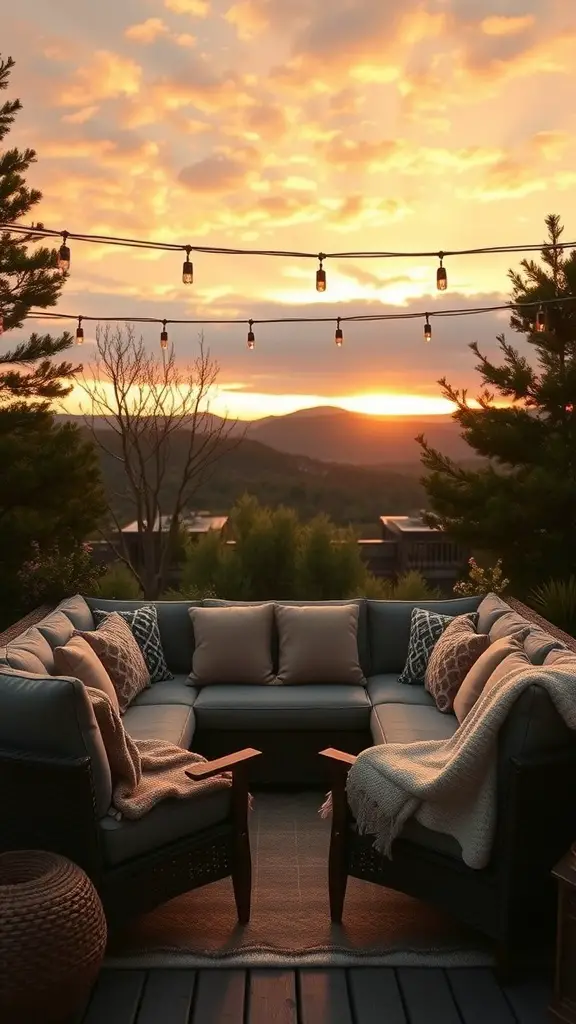 27 Creative DIY Outdoor Sectional Ideas for Your Backyard Retreat 30 A cozy outdoor sectional with soft cushions and throws, overlooking a stunning sunset with string lights above.
