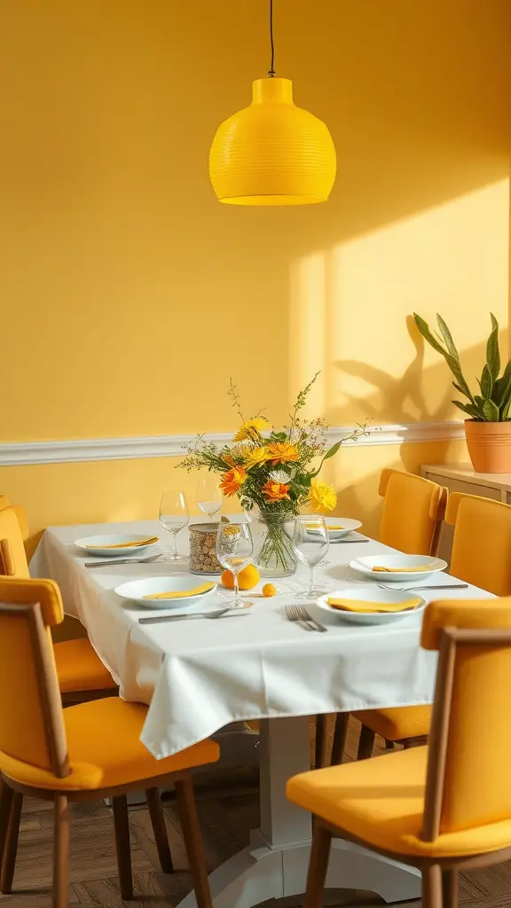 25 Creative Mother's Day Brunch Decor Ideas for Home 24 A dining table set with yellow accents, featuring a yellow pendant light, bright yellow chairs, and a floral centerpiece.