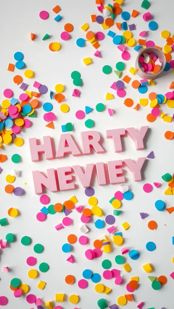 25 Creative Mother's Day Brunch Decor Ideas for Home 23 Colorful confetti scattered on a table with the letters 'HARTY NEVIEY' displayed.