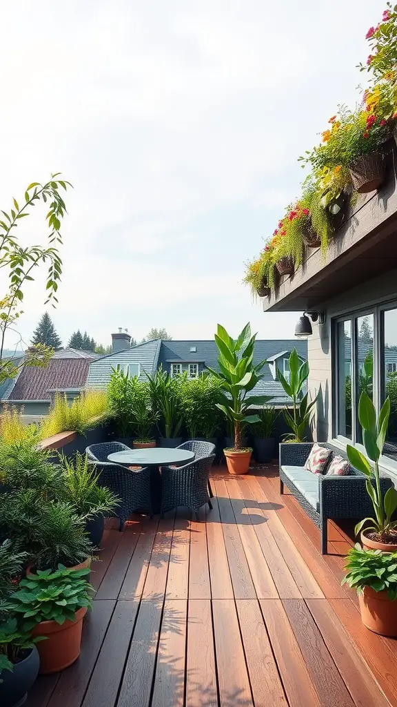 19 Creative Deck with Roof Ideas for Your Outdoor Space 5 A cozy deck with a wooden floor, green potted plants, and a seating area surrounded by lush foliage.