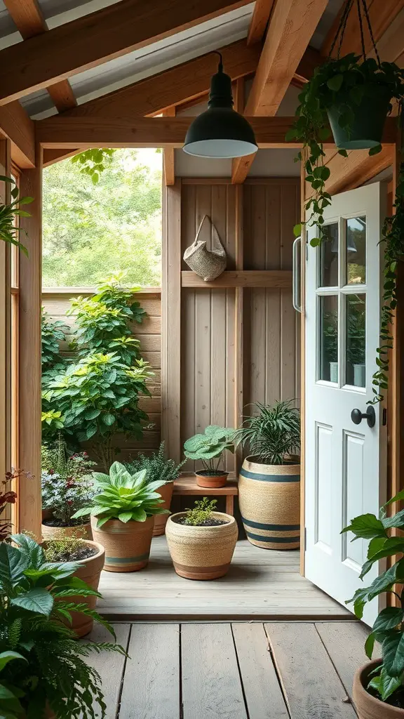 23 Stylish Potting Shed Interior Ideas for a Modern Touch 13 Interior of a potting shed featuring wooden beams, potted plants, and natural materials.