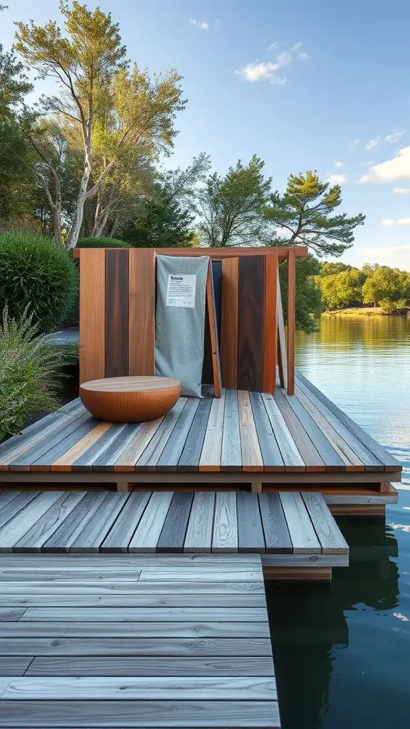 19 Stunning Floating Deck Plans You'll Love 10 A beautifully designed floating deck made of various wood types, surrounded by greenery and water.