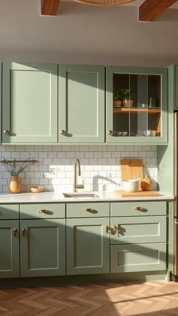 29 Stunning Sage Green Kitchen Cabinet Ideas for a Fresh Look 21 A kitchen featuring sage green cabinets with natural wood accents and a bright, inviting atmosphere.