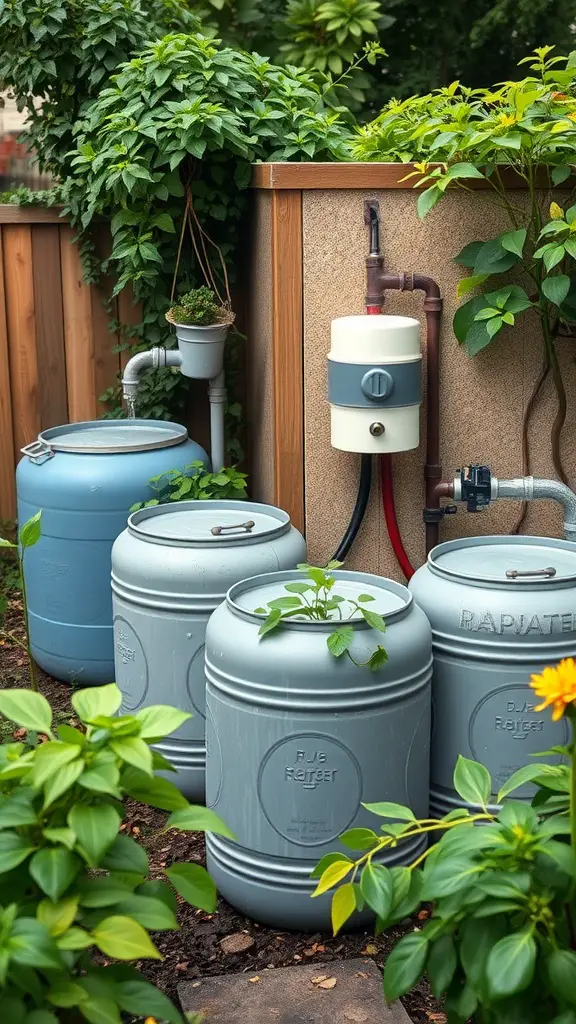 27 Charming Farmhouse Garden Ideas to Enhance Your Outdoor Space 14 Rainwater harvesting barrels in a garden setting with greenery