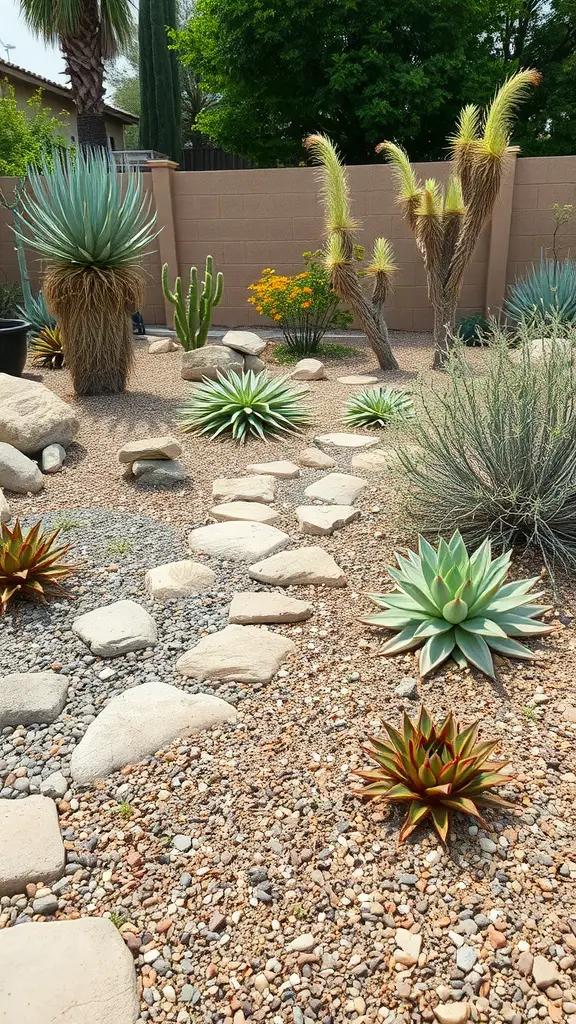 17 Creative Grass Alternative Backyard Ideas for a Stunning Outdoor Space 7 Xeriscaped backyard featuring various drought-resistant plants and stone pathways.