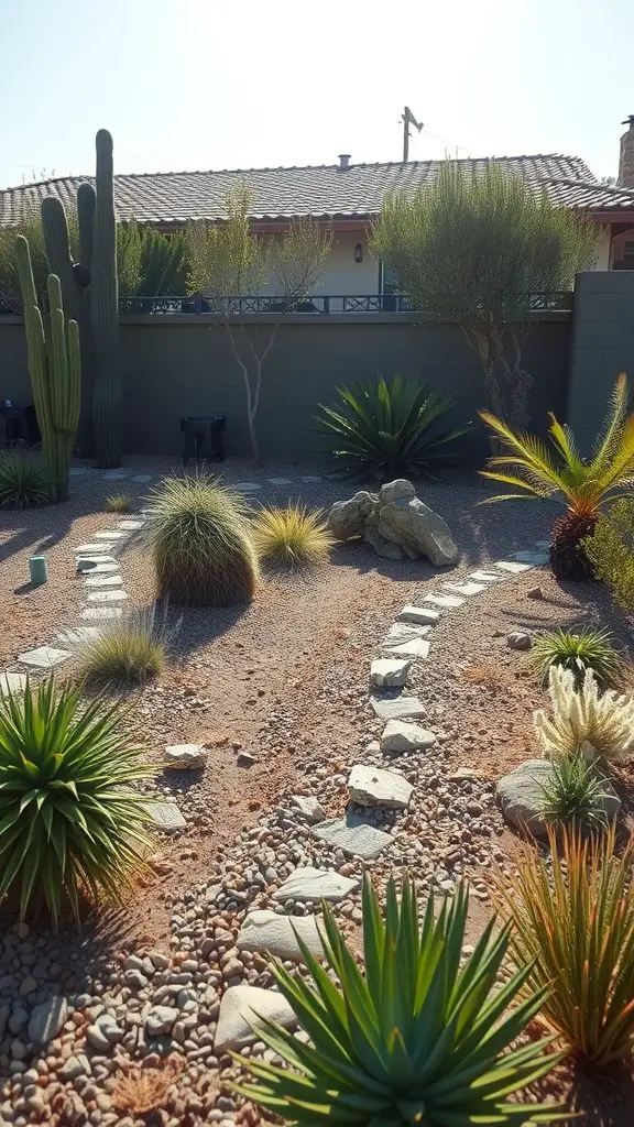 27 Creative Landscaping Ideas to Transform Your Outdoor Space 6 A xeriscaped garden featuring cacti, succulents, and a stone pathway.