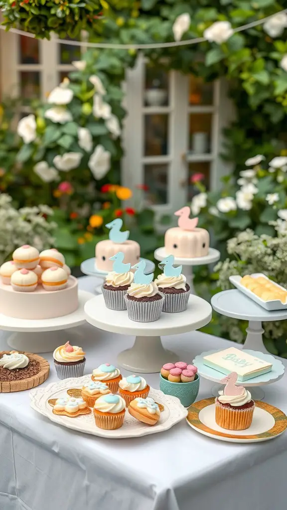 19 Creative Backyard Baby Shower Ideas You’ll Love 8 A beautifully arranged dessert table for a baby shower featuring cupcakes, cookies, and cakes in pastel colors.