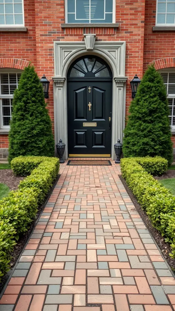 25 Stunning Brick Walkways to Enhance Your Front Door Curb Appeal 2 A symmetrical brick walkway leading to a black front door, flanked by neatly trimmed hedges.
