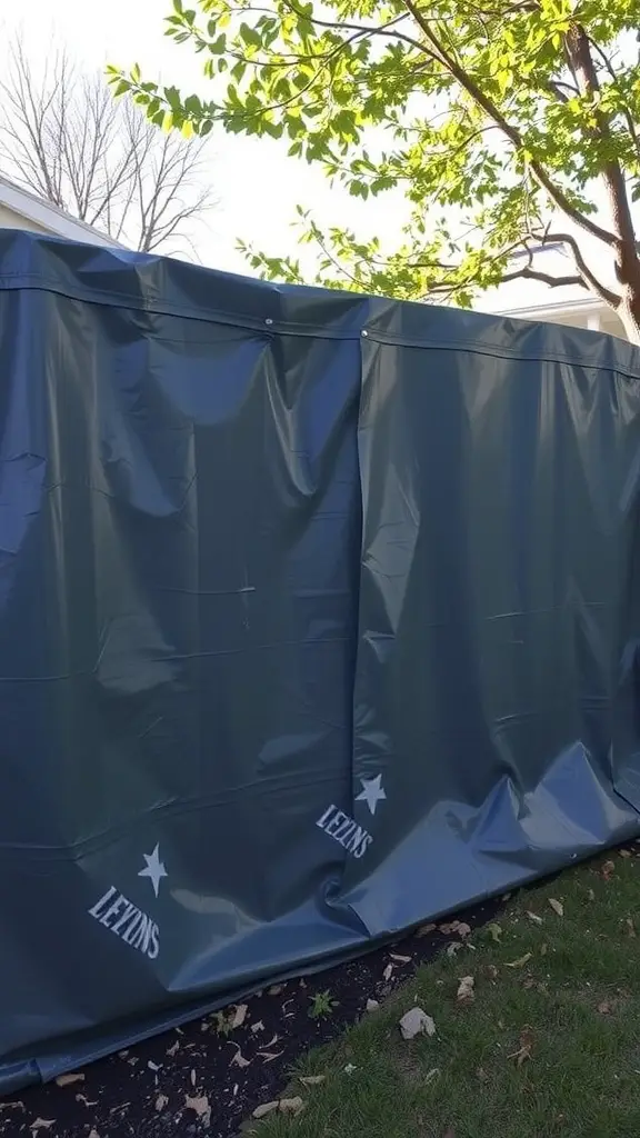 27 Affordable DIY Fence Ideas to Transform Your Yard 24 A dark tarp fence providing privacy in a yard.