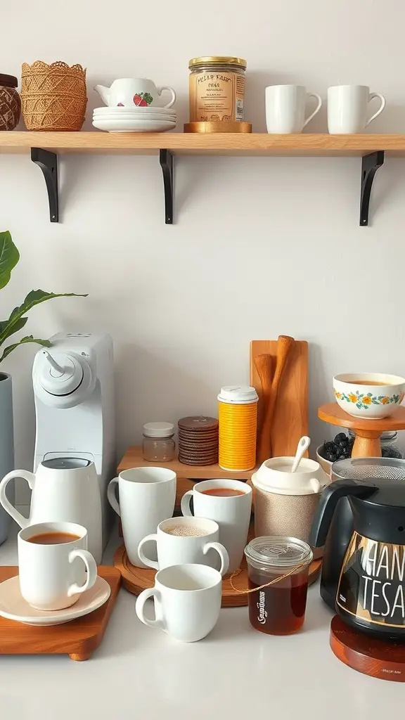 25 Creative Mother's Day Brunch Decor Ideas for Home 16 A cozy tea and coffee bar setup with various mugs, a coffee maker, and decorative items.