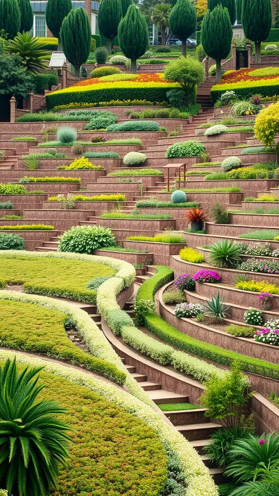 27 Creative Small Garden Plans for Limited Spaces 29 A terraced garden design featuring multiple levels of greenery and flowers with steps connecting each level.