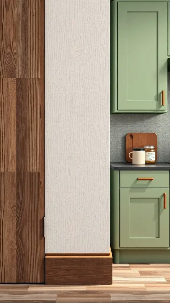 29 Stunning Sage Green Kitchen Cabinet Ideas for a Fresh Look 10 Image of a kitchen featuring sage green cabinets, wood accents, and a light textured wall.