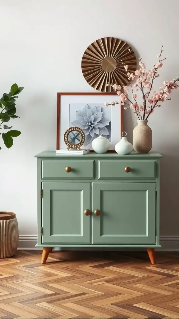 29 Stunning Sage Green Kitchen Cabinet Ideas for a Fresh Look 12 A sage green kitchen cabinet with decorative items on top, surrounded by a stylish interior.