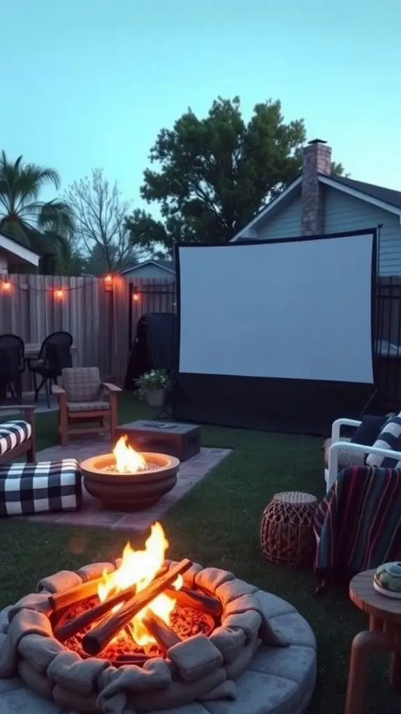 17 Inspiring Backyard Patio and Fire Pit Ideas 15 Backyard patio setup featuring a fire pit and movie screen for a cozy outdoor movie night.