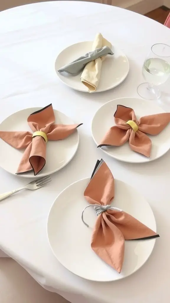 25 Creative Mother's Day Brunch Decor Ideas for Home 11 A table set for brunch with creatively folded napkins in peach, yellow, and gray.