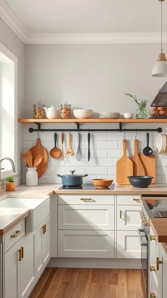 25 Stunning Scandinavian Kitchen Ideas for a Cozy Home 26 A Scandinavian kitchen featuring open shelving with utensils, wooden accents, and a clean, organized layout.