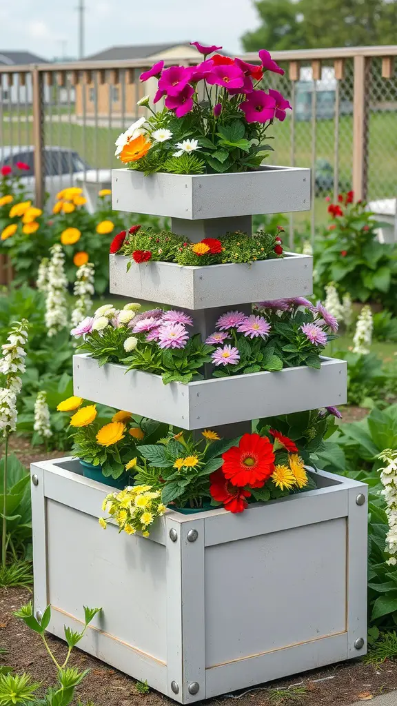 23 Stunning Planter Box Flower Combinations for Your Garden 14 A tiered planter box structure filled with colorful flowers in a garden setting.