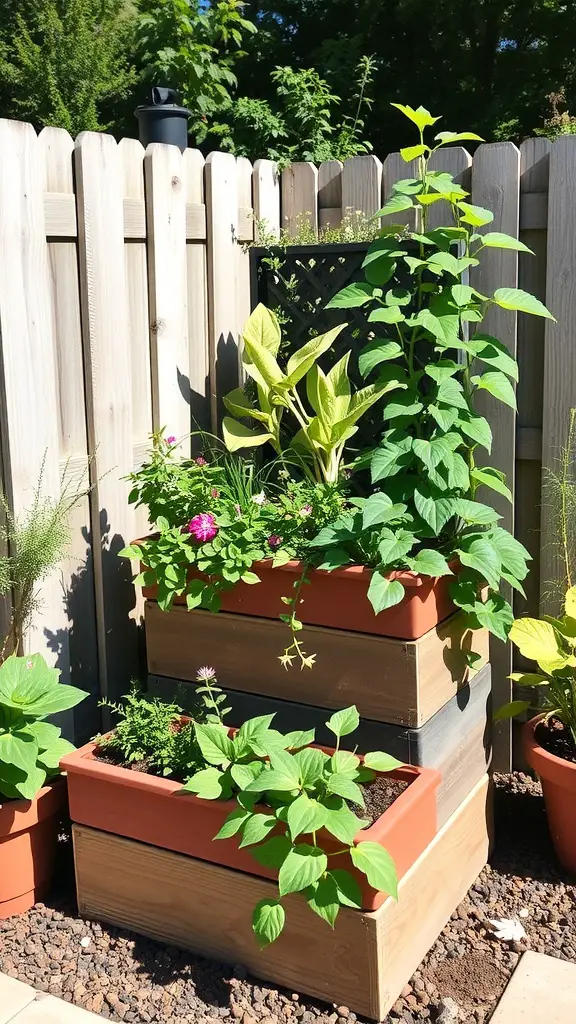31 Creative DIY Planter Box Ideas for Your Garden 5 A tiered vertical garden with multiple planter boxes filled with various plants and flowers.