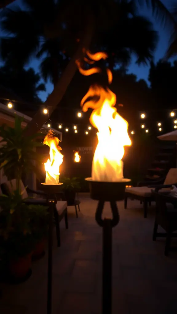 29 Affordable DIY Patio Furniture Ideas for Your Outdoor Space 23 Several tiki torches lit at night with flames, surrounded by plants and string lights.