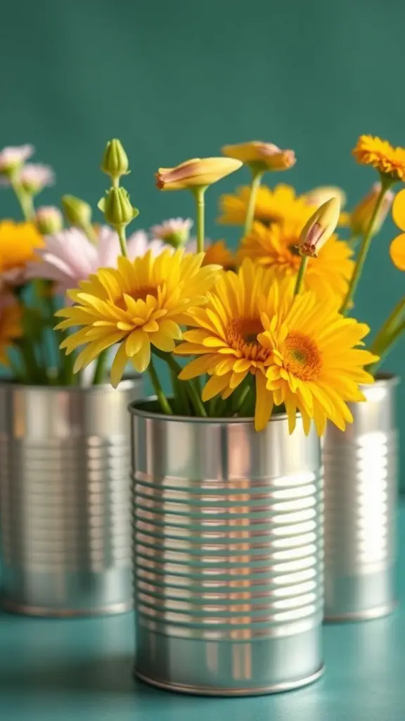 A collection of bright flowers in repurposed tin can vases.