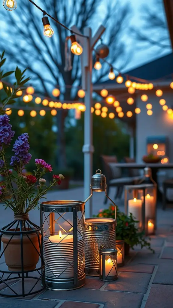 29 Affordable DIY Patio Furniture Ideas for Your Outdoor Space 28 A collection of tin can lanterns with candles, surrounded by flowers and string lights on a patio.