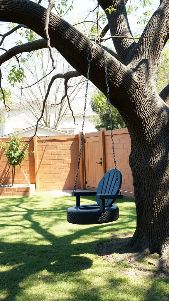 29 Affordable DIY Patio Furniture Ideas for Your Outdoor Space 5 A black tire swing chair hanging from a tree branch in a backyard.