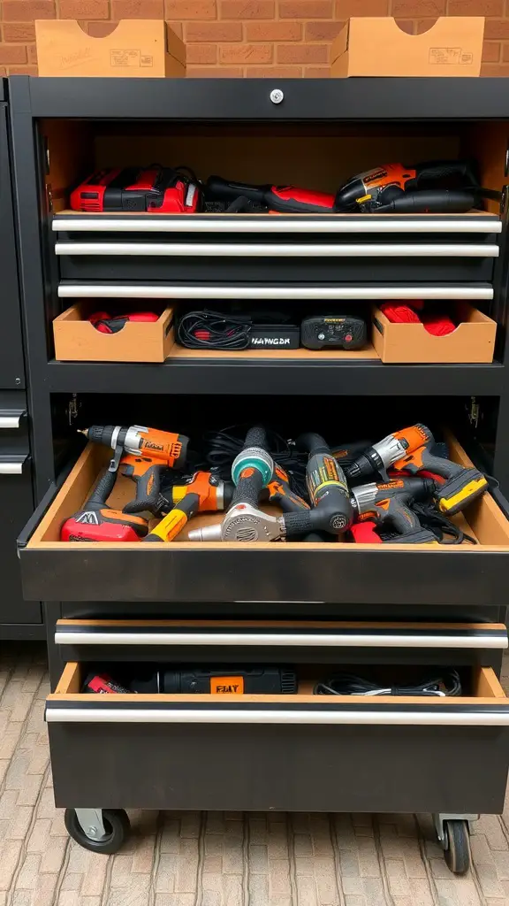 15 Creative Power Tool Storage Ideas for an Organized Workshop 8 A tool chest with organized drawers featuring drawer dividers for various power tools.