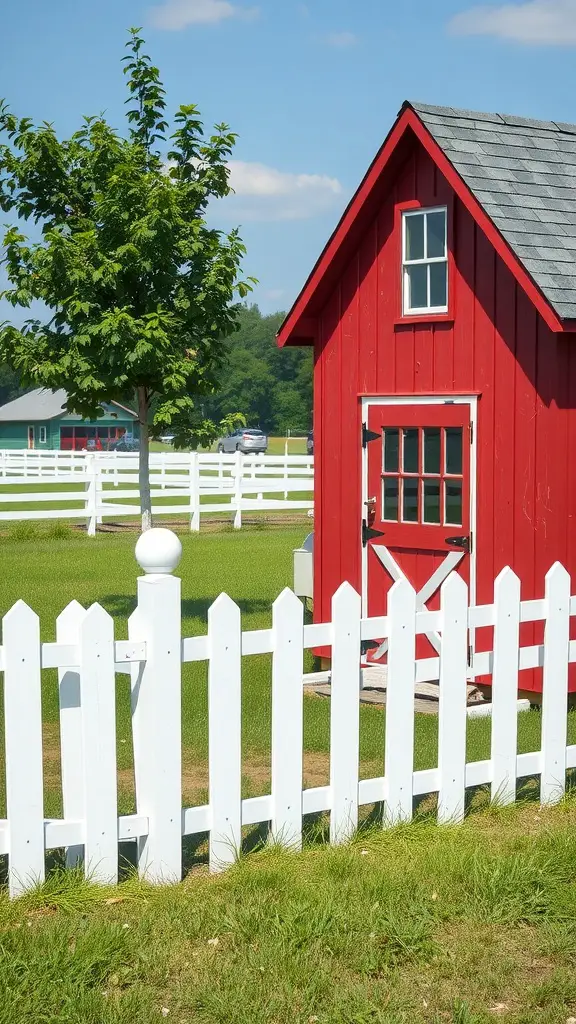 17 Creative Walk-In Chicken Coop Ideas You'll Love 5 A traditional barn-style chicken coop with a red exterior, white trim, and a white picket fence in a green yard.