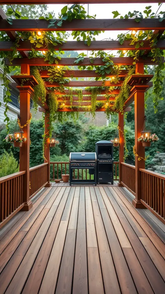 19 Creative Deck with Roof Ideas for Your Outdoor Space 9 A wooden pergola adorned with greenery, providing a shaded outdoor space with a grill.